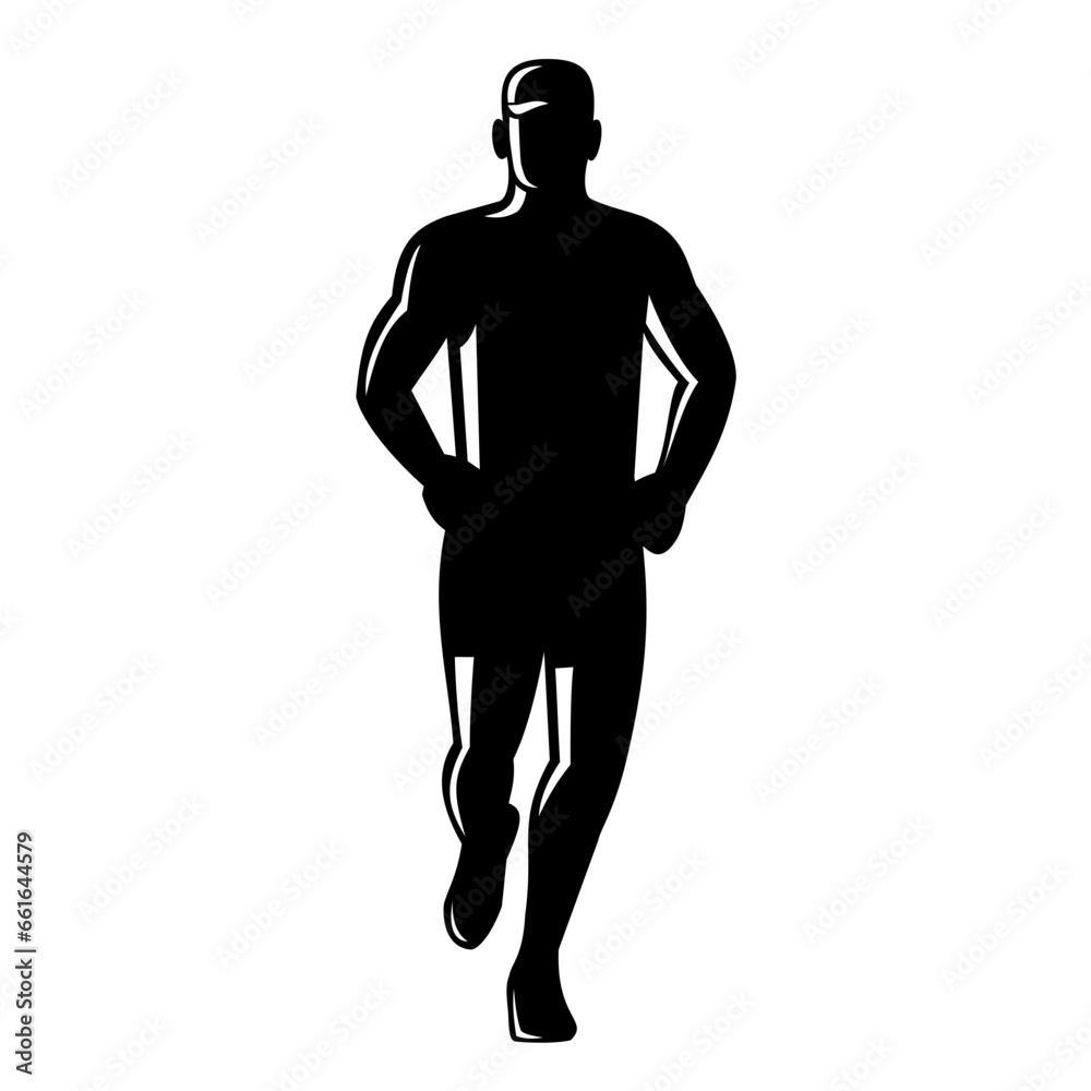 Retro style illustration of a male marathon runner running front view on isolated background done in black and white.
