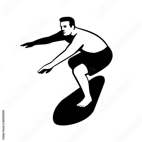 Retro style illustration of a male surfer on surf board surfing front view on isolated background done in black and white.