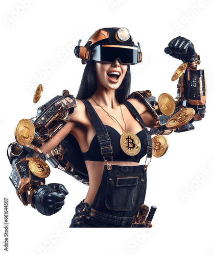 Young lady wearing Bitcoin mining gear mining Bitcoins with robotic arms and augmented virtual reality headset, with a big smile. She is covered in Bitcoins with a big "B" on the coins.