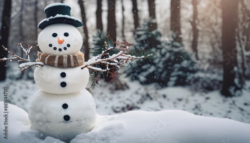 Christmas decoration with a traditional snowman. Cheerful snowman in the snow. Cute snowman in the winter forest. Merry Cristmas. Happy Holidays. Happy New Year. Generative AI