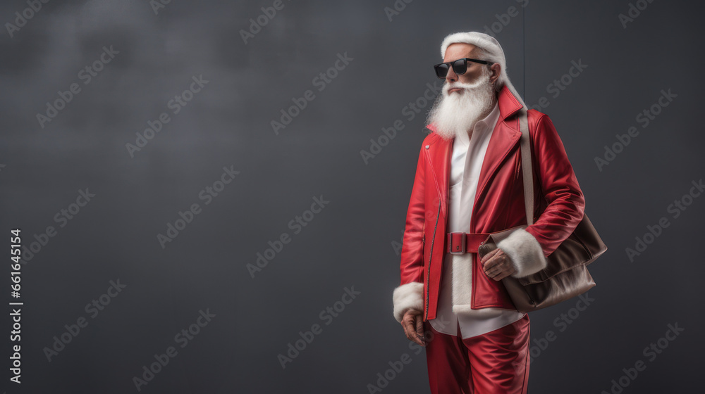 Santa Claus in minimalist modern outfit, standing over dark background with copy space 