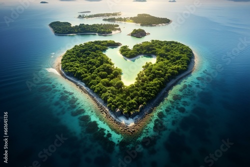 A heart-shaped island resembling paradise. Generative AI