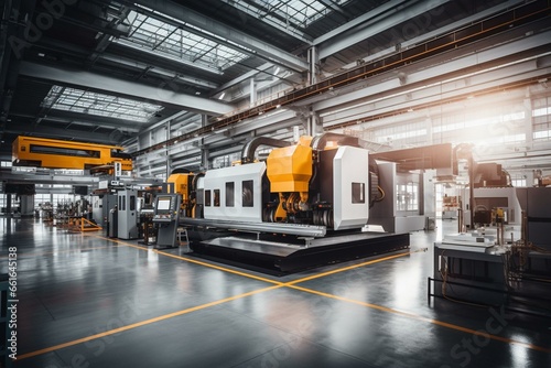 A contemporary factory with advanced CNC milling machines, featuring a well-lit, organized production facility. Embracing the concept of Industry 4.0. Generative AI photo