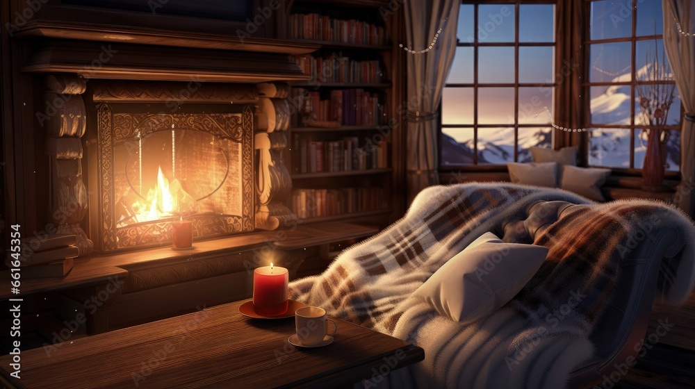 A cozy living room with a warm fireplace and comfortable couch, perfect for winter relaxation