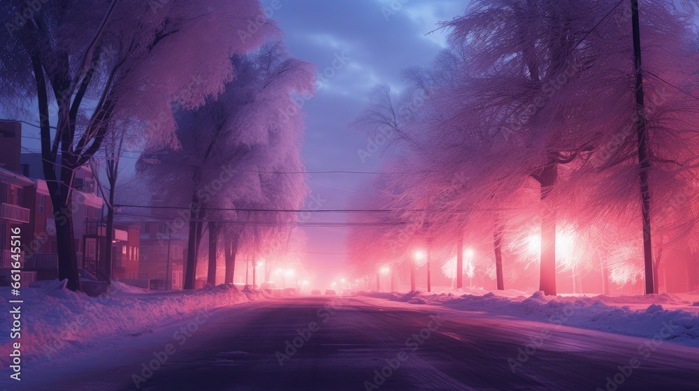 A snow-cleared street during winter, illuminated by pink lights from street lamps