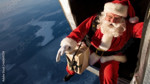 Santa Claus is sitting in a flying vehicle, ready to jump out of the plane to deliver a gift.