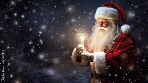 Santa Claus holding a lit candle during the winter season