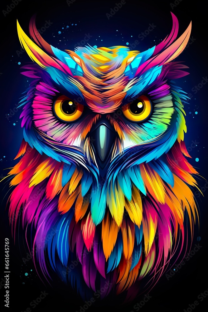 Owl bird in abstract, graphic highlighters lines rainbow ultra-bright neon artistic portrait | Generative AI