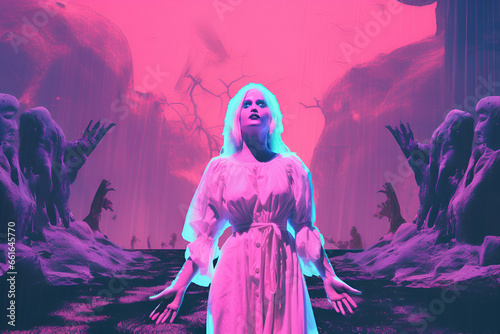 Fotografia Entranced woman in luminous neon landscapes with statuesque figures and ethereal
