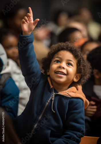 The Heart of Education: An Eager Learner Raises His Hand, Ready to Dive into Discussion - Black African American.