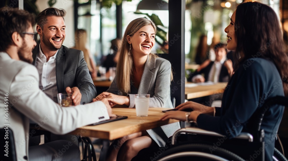 Business meeting in a co-working space by a man in a wheelchair. Integration of people with disabilities. Business meeting in a co-working space by a man in a wheelchair. Integration of people with disabilities.