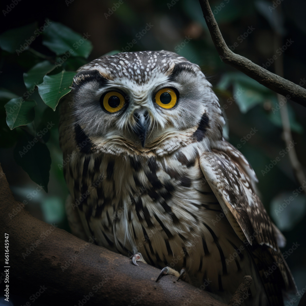 Obraz premium With its majestic appearance and keen eyesight, an owl surveys the forest floor, a beautiful creature of the wild. AI Generative.
