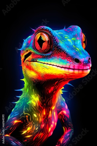 Gecko reptile in abstract  graphic highlighters lines rainbow ultra-bright neon artistic portrait   Generative AI