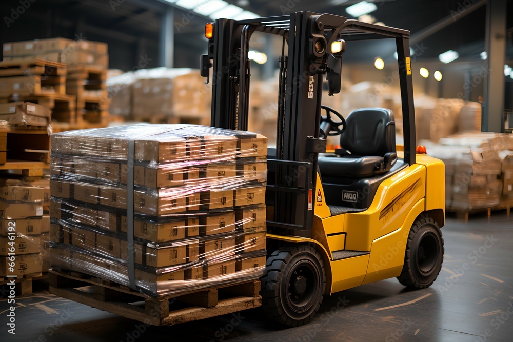Yellow forklift works with cardboxes in the warehouse Yellow forklift works with cardboxes in the warehouse
