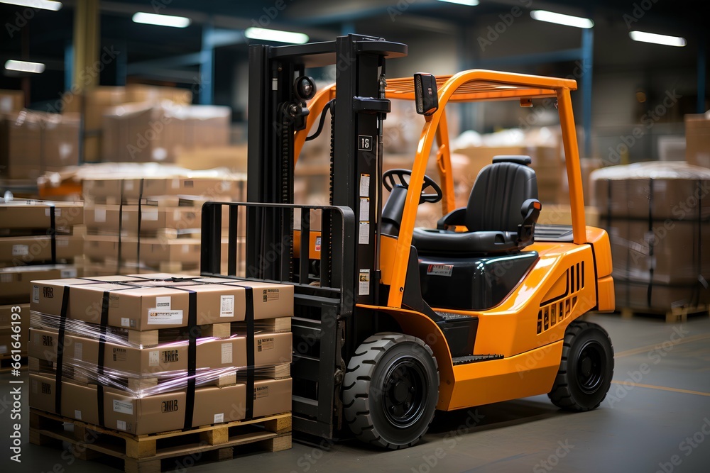 Orange loader forklift works in the warehouse