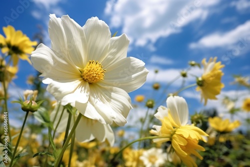 a close up of a yellow flower with a sky in the background and a few white flowers in the foreground. Generative AI