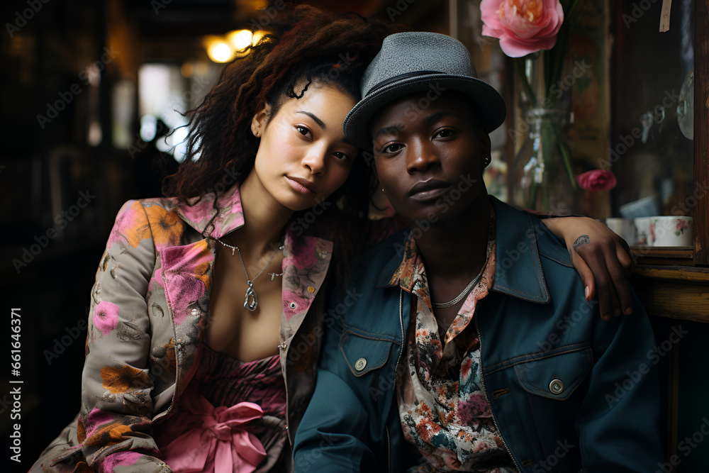 Two fashionable individuals sharing a tranquil moment in a bohemian cafe, surrounded by vintage textures and floral patterns