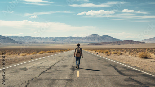 A person walking along an empty road in a desolate landscape