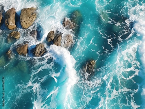 Aerial top view of waves and rocks in the sea, slow motion. Generative AI