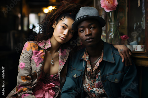Two fashionable individuals sharing a tranquil moment in a bohemian cafe  surrounded by vintage textures and floral patterns