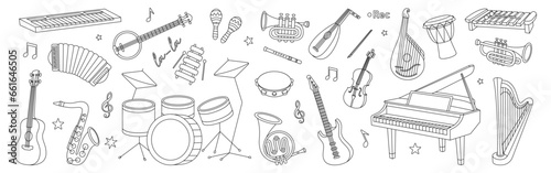Musical instruments sketch set. Musical school horizontal illustration. Tuba, trumpet, drum flute, french horn, lute, violin, electric bass guitar.