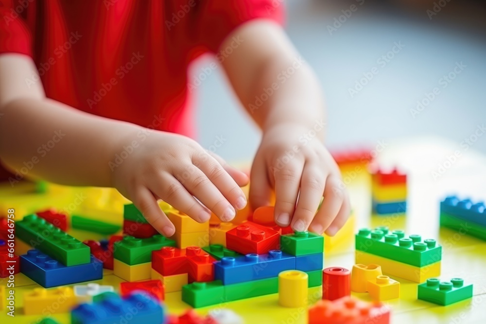 Close up of childs hands playing with colorful plastic cubes Close up of childs hands playing with colorful plastic cubes