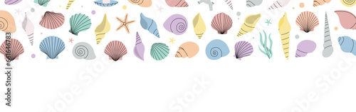 Sea shells banner. Tropical underwater shells horizontal background. Freshwater algae, corals, starfish, mollusks, scallop, pearls.