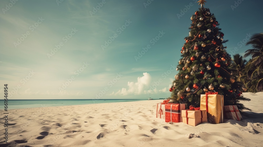 Decorated Christmas tree on sandy beach. Christmas tree on a beautiful white sandy beach paradise in the summer - obrazy, fototapety, plakaty 
