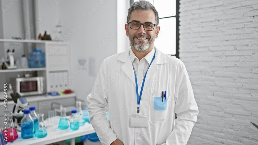 Confident young hispanic scientist, grey-haired and smiling, walking through lab, immersed in innovative medical research work Confident young hispanic scientist, grey-haired and smiling, walking through lab, immersed in innovative medical research work