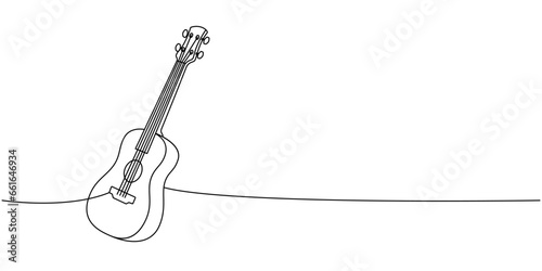 Acoustic guitar, string instrument one line continuous drawing. Musical instruments continuous one line illustration. Vector minimalist illustration.