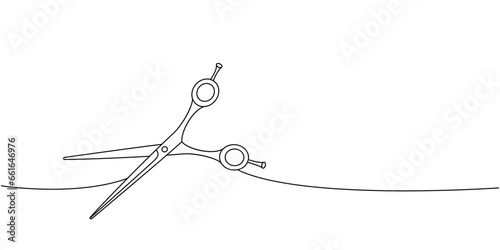 Scissors for pets grooming one line continuous drawing. Animals accessories, pet toy supplies continuous one line illustration.