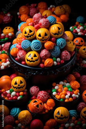 Bright illustration of candies on a colorful Halloween-style background. Generative AI