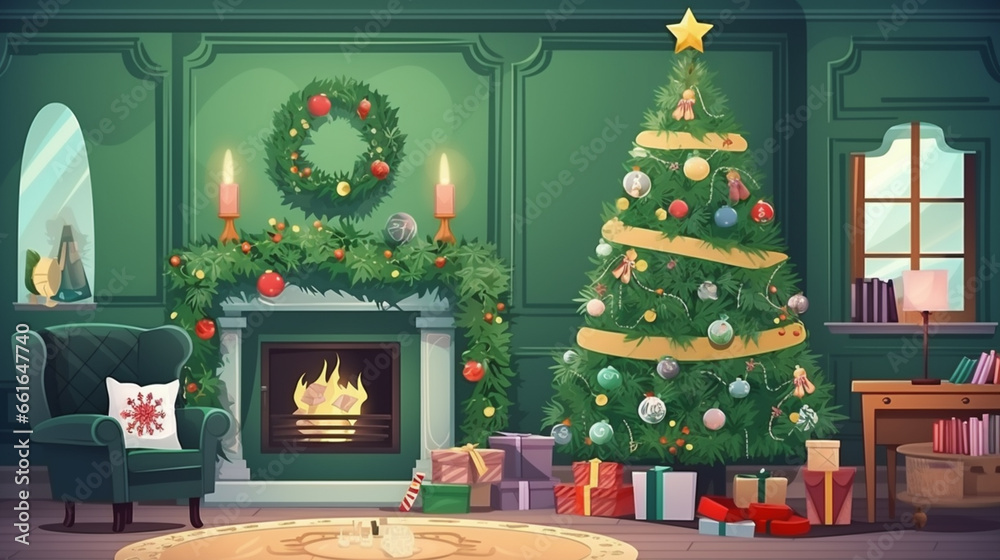 Stylish christmas living room interior with green sofa, white chimney, christmas tree and wreath. ai
