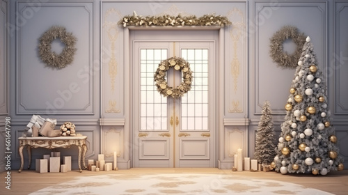 Stylish hallway interior with decorated door and Christmas gifts. ai generative © Witri