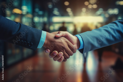 Professional connection as candidate and interviewer shake hands. Positive job interview moment, potential collaboration