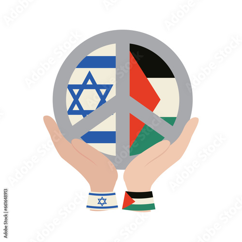 israel and palestine flags in hands and peace emblem