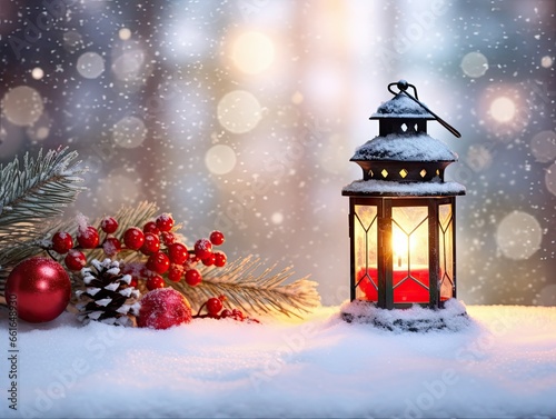 Christmas Lantern on Snow with Spruce Branches, Red Berries, Christmas Balls, Winter Background © MrLynx