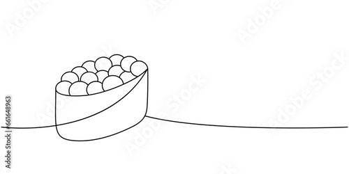 Ikura sushi, tobiko maki sushi one line continuous drawing. Japanese cuisine, traditional food continuous one line illustration.