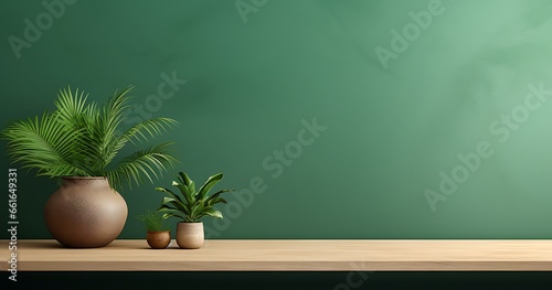 Wooden shelf with plant on green wall background. 3d render