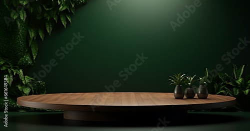 Wooden table with plants on green background. 3D rendering.