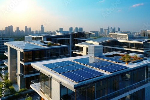 Modern buildings with rooftop solar panels. Generative AI