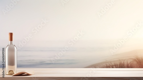 Empty wooden table with bottle of white wine on beach background. Mock up, 3D Rendering