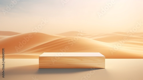 Wooden podium in desert with sand dunes. 3d rendering
