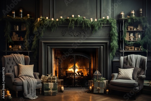 A flat lay of a cozy fireplace adorned with stockings, garlands, and space for a holiday message