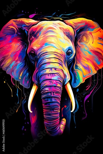 Elephant in abstract, graphic highlighters lines rainbow ultra-bright neon artistic portrait | Generative AI