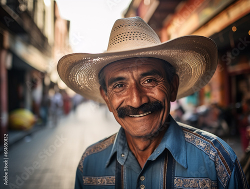 Hombre mayor mexicano, de piel morena, bigote y sombrero de vaquero, usando una camisa, posando en las hermosas calles de la Ciudad de México
