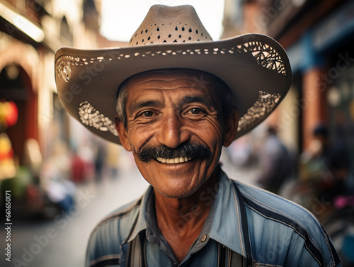Hombre mayor mexicano, de piel morena, bigote y sombrero de vaquero, usando una camisa, posando en las hermosas calles de la Ciudad de México photo