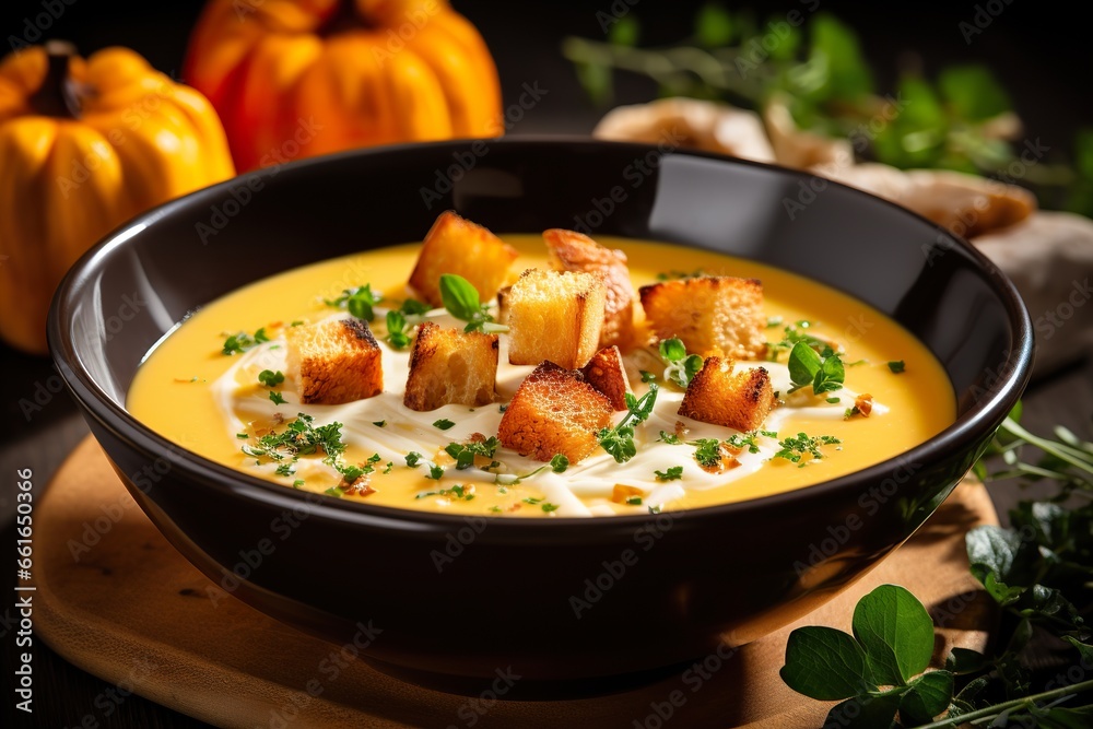 A bowl of creamy butternut squash soup, garnished with fresh herbs and croutons