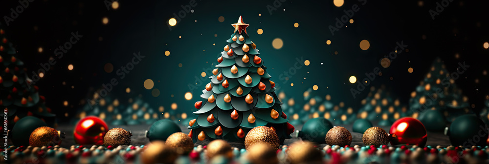 Christmas background with tree, baubles and shiny lights - AI Generated - obrazy, fototapety, plakaty 