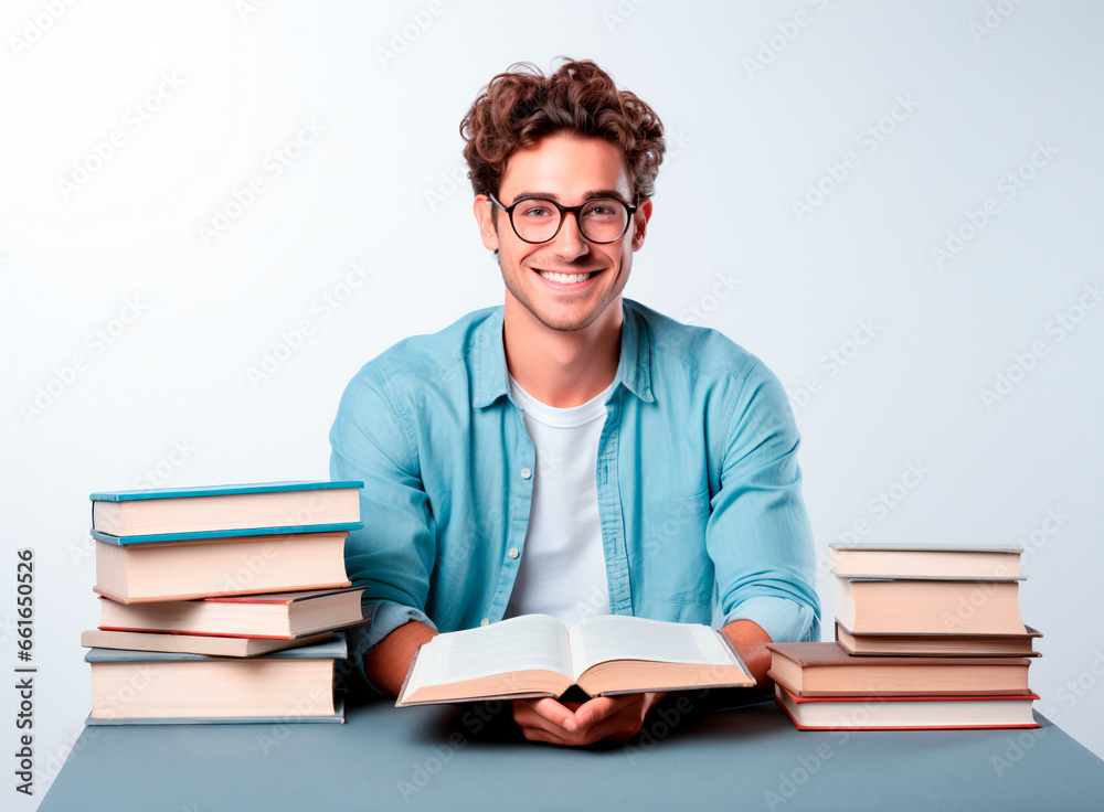 joven y guapo estudiante leyendo un libro aislado - obrazy, fototapety, plakaty 